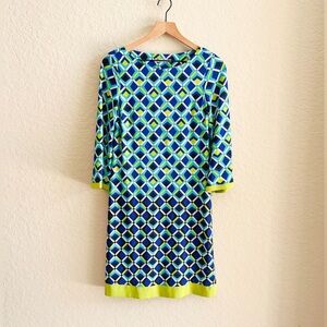 ELIZA J Anthropologie Green Blue Diamond Mod 3/4 Sleeve Shift Dress Women’s 4
